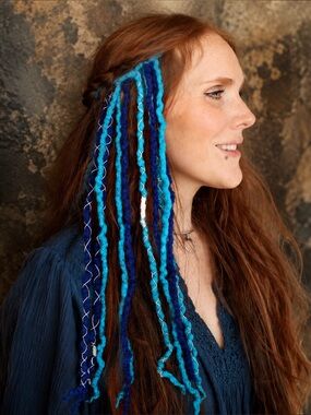 Blue Merino Wool Clip In Dreadlocks Extensions Handmade Miss Violet Lace